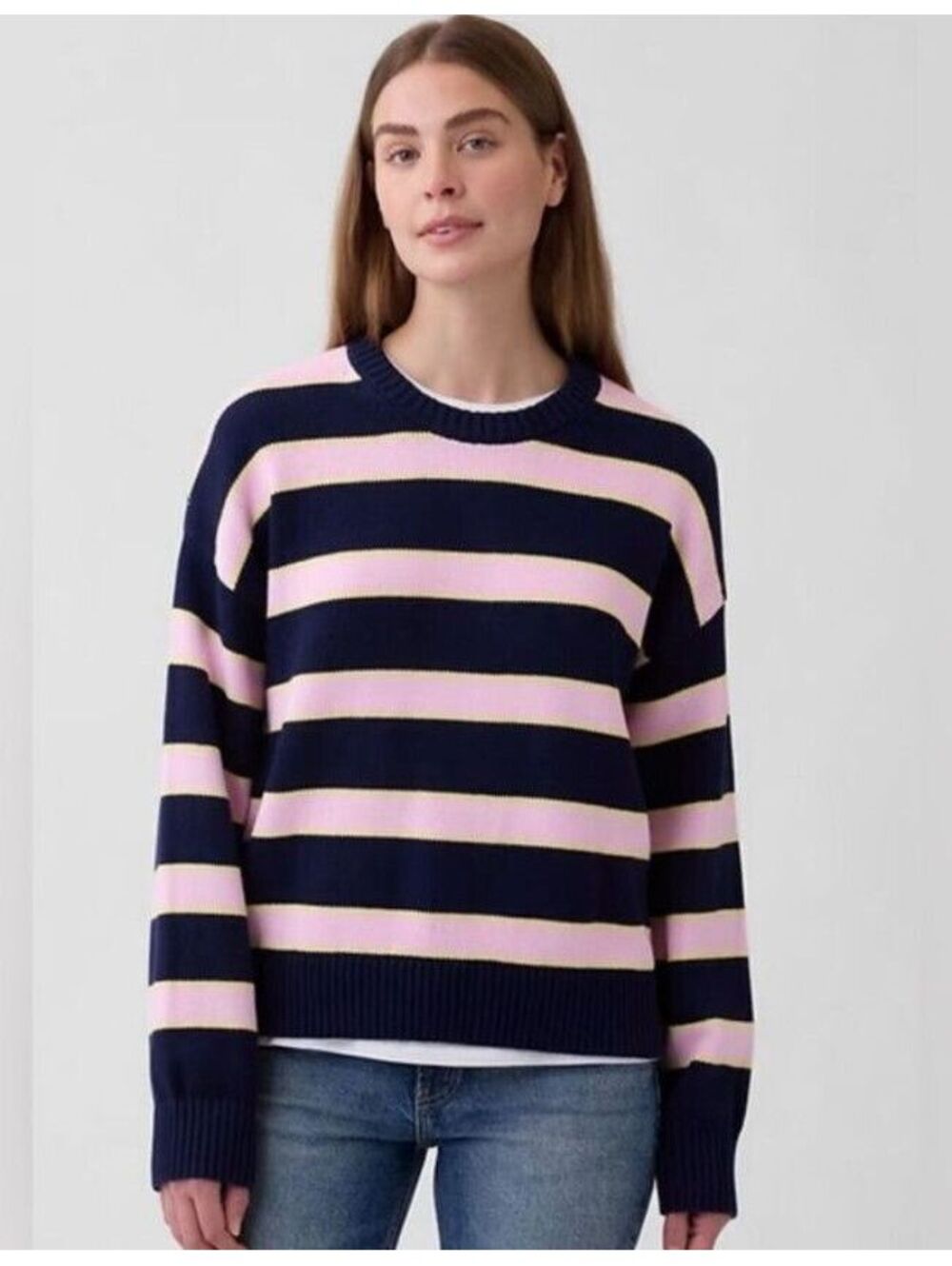 Gap Relaxed Cotton Crewneck Sweater Navy pink stripes